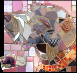 Mosaic portrait of a dog made with ceramic and glass